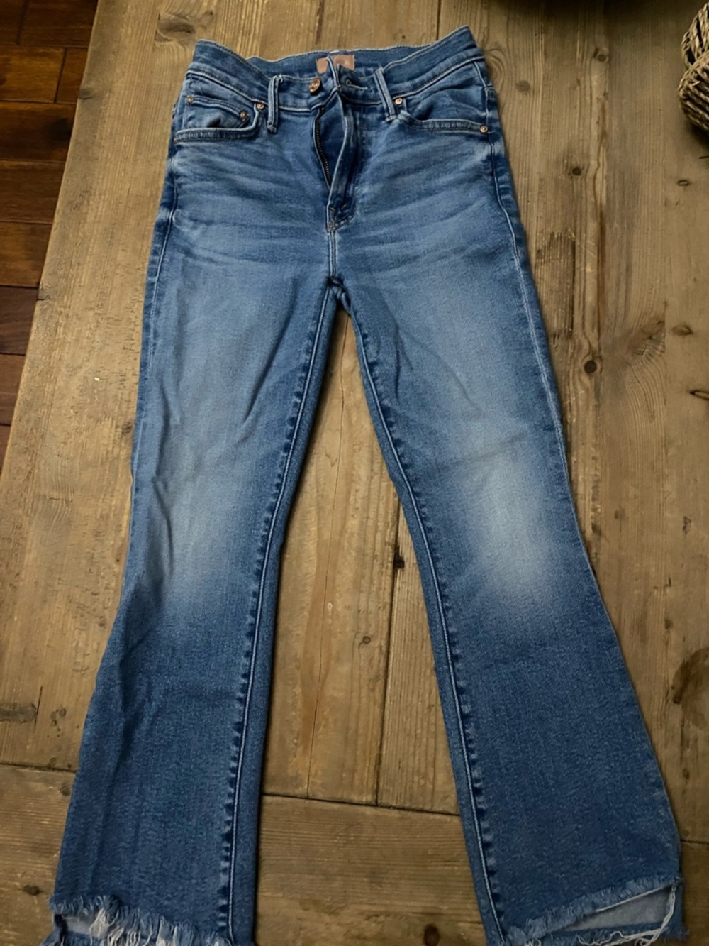 MOTHER Blue Distressed Flare Jeans